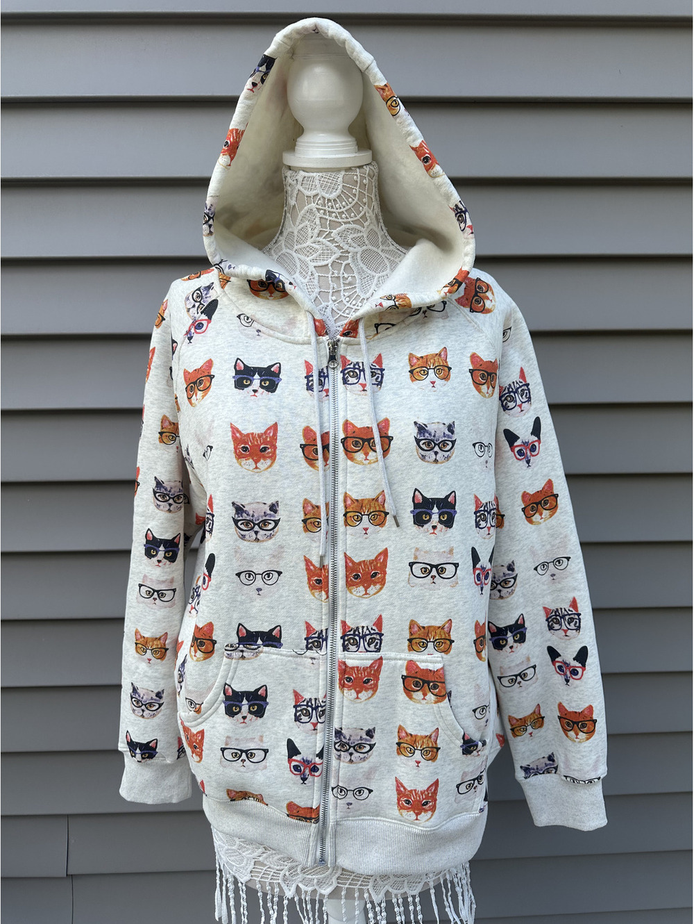 sm wardrobe Cat Print Hoodie Gray Orange Casual Streetwear Zip Up Sweatshirt